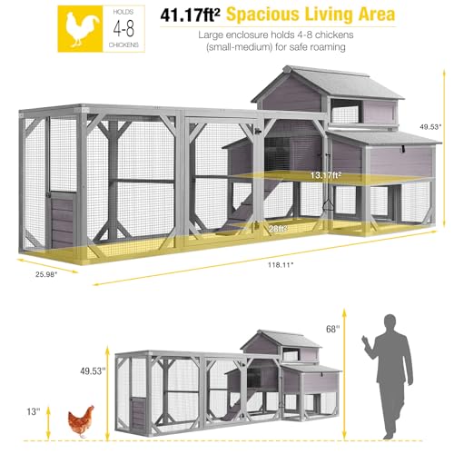 Aivituvin Extra Large Chicken Coop for 6-10 Chickens, Reinforced Outdoor Wooden Hen House with Run, 6 Nesting Boxes, Easy Clean Pull-Out Tray, Waterproof Asphalt Roof - Grey, 118" L x 26" W x 50" H - size: 118.0"L x 26.0"W x 49.5"H