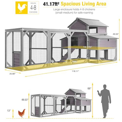 Aivituvin Extra Large Chicken Coop for 6-10 Chickens, Reinforced Outdoor Wooden Hen House with Run, 6 Nesting Boxes, Easy Clean Pull-Out Tray, Waterproof Asphalt Roof - Grey, 118" L x 26" W x 50" H - size: 118.0"L x 26.0"W x 49.5"H