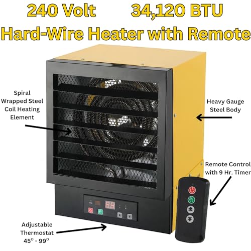 Dura Heat 240 Volt Hard-Wired Garage Heater, Remote, 10,000 Watt - EWH9615 | NO PLUG Hardwired Install Required, 2 Power Setting, Steel Body, Heat up to 1,200 sq ft, Thermostat, Wall & Ceiling Mount