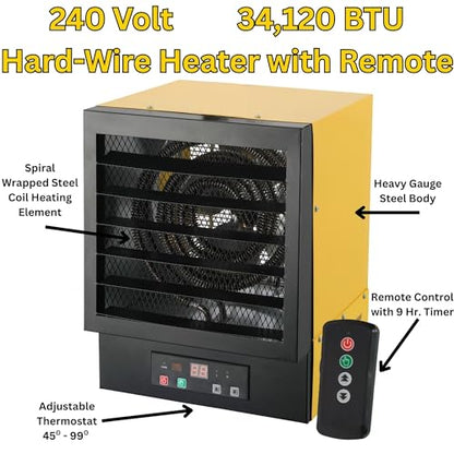 Dura Heat 240 Volt Hard-Wired Garage Heater, Remote, 10,000 Watt - EWH9615 | NO PLUG Hardwired Install Required, 2 Power Setting, Steel Body, Heat up to 1,200 sq ft, Thermostat, Wall & Ceiling Mount