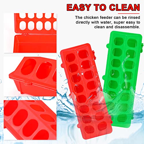 4 Pcs Plastic Flip Top Poultry Feeder Small Plastic Chicken Feeder for Pigeon Duckling Quail Drinker No Mess No Waste Multihole Birds Feeding Dish Dispense(Red, Green)