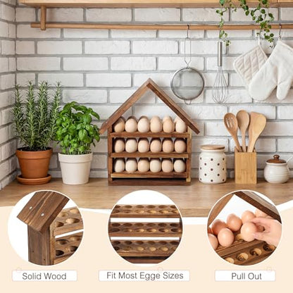 Remerry Wooden Egg Holder Countertop 3 Tier House Shape Fresh Egg Storage Pull out Eggs Racks Basket for Home Craft Room Farmhouse Kitchen Counter Organizer(36 Hole,No Door,Brown) - style: No Door