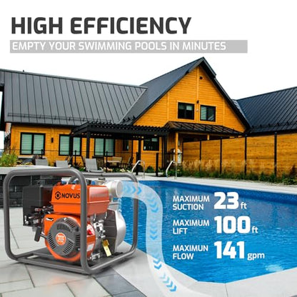 NOVUS 2-inch Semi Trash Pump, 212cc 4 Cycle Engine, 141 GPM 100ft Lift 23ft Suction, Gas Powered Water Pump for Pond Pool Draining Gardening Irrigation,EPA Certified - size: 2" Semi Trash Pump
