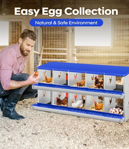 10 Compartment Chicken Nesting Boxes, Metal Roll Away Egg Laying Boxes with Removable Tray & Lid Cover, Chicken Coop Nest Box for Hens, Egg Protection Design (Without Legs) Green - color: Blue, size: 10 hole - without leg