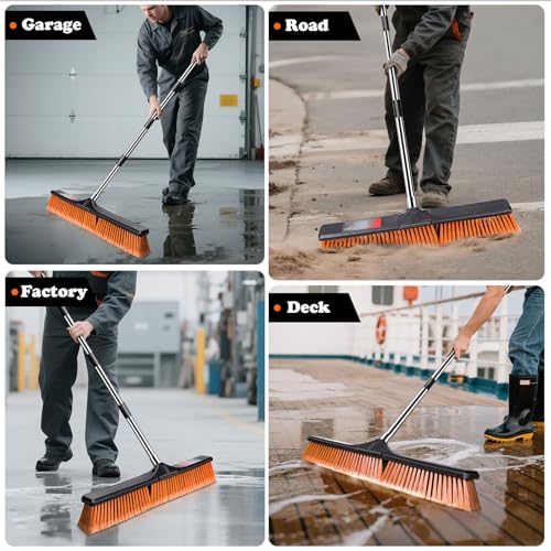 MASTERTOP 24" Heavy Duty Push Broom with Ultra-Sturdy Adjustable Handle, 6-Layer Stiff Bristles Garden Yard Broom, Outdoor Sweeping Brush for Garage, Patio, Driveway, Warehouse, Deck, Tile & Concrete - color: Push Broom Orange