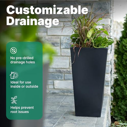 Step2 Tremont Tall Square Tapered Planter 2-Pack, 28 in Resin Planters, Self-Watering, Onyx Black - color: Onyx Black, size: 2-Pack, style: Tall