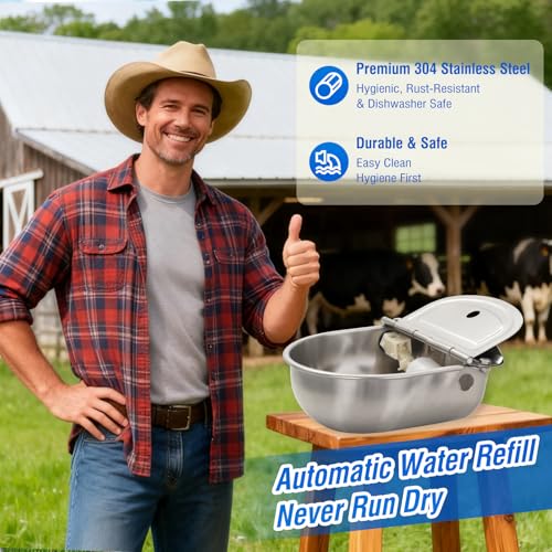 2-Pack Automatic Livestock Waterer, 304 Stainless Steel Auto Fill with Float Valve, Drainage Hole & Baffle, Without Hose, Wall/Floor Mount, for Dogs, Chickens, Horses, Goats, Pigs