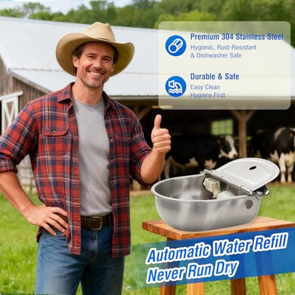 2-Pack Automatic Livestock Waterer, 304 Stainless Steel Auto Fill with Float Valve, Drainage Hole & Baffle, Without Hose, Wall/Floor Mount, for Dogs, Chickens, Horses, Goats, Pigs
