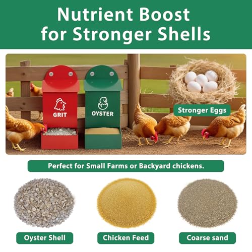Rustproof Chicken Grit and Oyster Shell Feeder 2 Pack, Heavy Duty Metal Poultry Feeders for Coop or Fence, Rainproof Dual Compartment Wall Mounted Feeder for Outdoor Chicken Coops