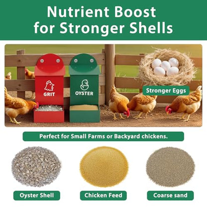Rustproof Chicken Grit and Oyster Shell Feeder 2 Pack, Heavy Duty Metal Poultry Feeders for Coop or Fence, Rainproof Dual Compartment Wall Mounted Feeder for Outdoor Chicken Coops