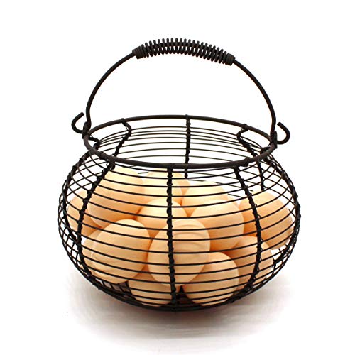 CVHOMEDECO. Rustic Wire Egg Basket with swimming Handle Primitives Vintage Gathering Basket. Rusty - size: 7-3/4" Dia. x 5" H - Rusty