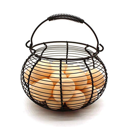 CVHOMEDECO. Rustic Wire Egg Basket with swimming Handle Primitives Vintage Gathering Basket. Rusty - size: 7-3/4" Dia. x 5" H - Rusty