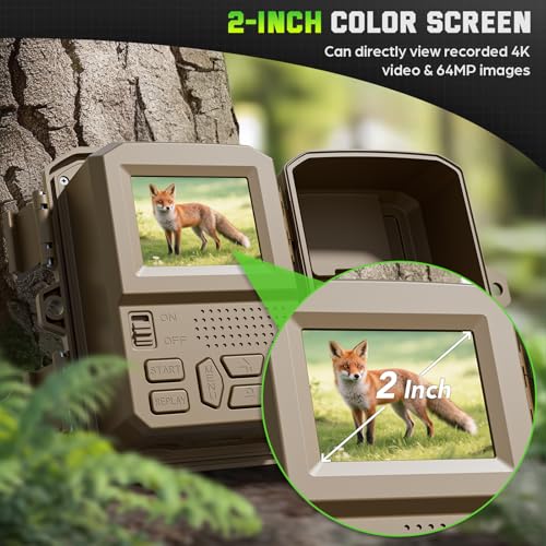 WiFi Trail Camera, 4K 64MP Game Cameras with Night Vision Motion Activated Waterproof IP66, 0.1s Trigger Trail cam with 32GB SD Card, Wildlife Camera with Built-in Battery Solar Panel