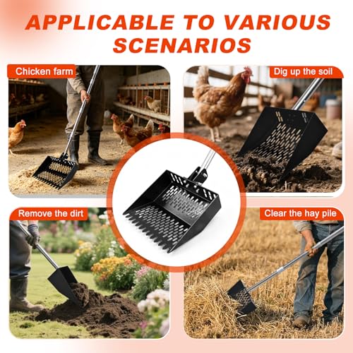 12inch Width Heavy Duty 2-in-1 Chicken Poop Scooper & Rake, Stainless Steel Chicken Coop Litter Sifting Shovel with Ergonomic Grip & Adjustable Angle, Sand Scoop for Coop, 37-54 Inch (12inch) - size: 12inch