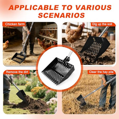 12inch Width Heavy Duty 2-in-1 Chicken Poop Scooper & Rake, Stainless Steel Chicken Coop Litter Sifting Shovel with Ergonomic Grip & Adjustable Angle, Sand Scoop for Coop, 37-54 Inch (12inch) - size: 12inch