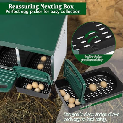 Chicken Nesting Boxes for Laying Eggs 2 Compartment, Roll Away Nest Boxes for Poultry, Pull Out Plastic Basket, Integrated Perch, Steel Frame, Hangable, Chicken Coop Metal for Hens, Ducks, Green - size: 21.3x20.5x18.5in