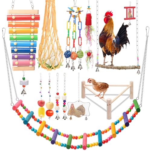 14PCS Chicken Toys for Coop Accessories - Longer Chain Chicken Swing, Chicken Toy for Hens in Coop, Chicken Perch Mirror Toy with Bells, Add Fun Toys for Chickens - color: 14PCS
