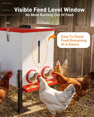 55LB Automatic Chicken Feeder, 40L Metal No Waste Poultry Feeder with Rat-Proof Design, 4 Feeding Ports, Weatherproof Locking Lid, Height-Adjustable Legs for Chickens, Ducks and Geese