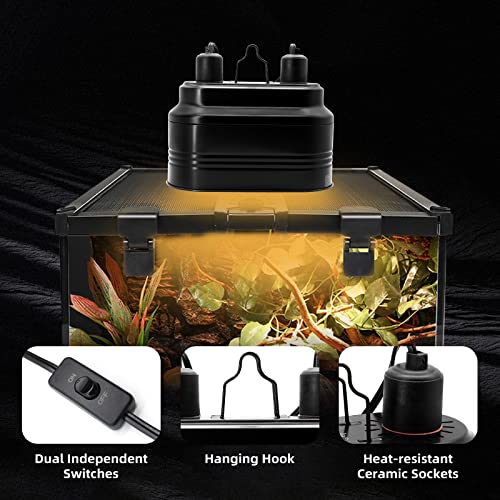 MECESOR Dual Reptile Lamp Fixture with Independent Switches, UVB & Basking Bulb Holder for Glass Terrarium Habitat - Reptile Light Fixture for Bearded Dragons,Turtles,Snakes & Lizards - style: Separate Switches