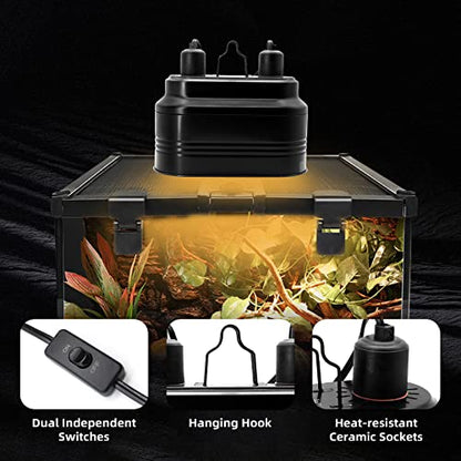 MECESOR Dual Reptile Lamp Fixture with Independent Switches, UVB & Basking Bulb Holder for Glass Terrarium Habitat - Reptile Light Fixture for Bearded Dragons,Turtles,Snakes & Lizards - style: Separate Switches
