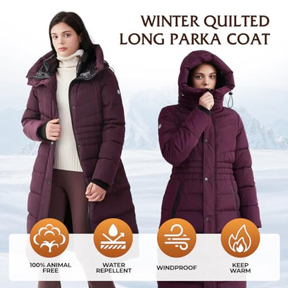 IKAZZ Winter Coats For Women, Long Length Thick Puffer Style, Water-Repellent Fabric, Keeps You Dry and Warm in Rainy or Snowy Weather, Adds Volume and Warmth to Your Winter Wardrobe, Purple XS