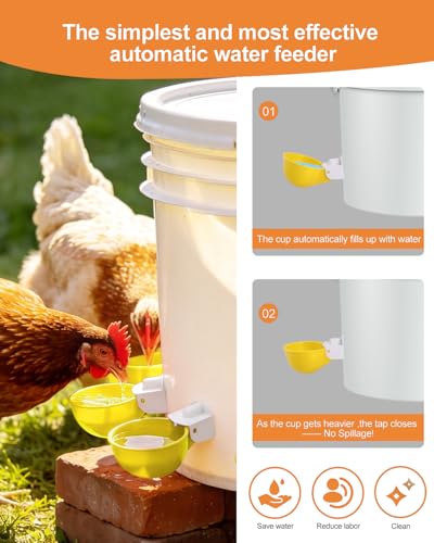 Chicken Waterer Cups (16 Pack) with 3/8" Drill Bit - Yellow | Automatic Poultry Drinker Feeder Kit for Chickens, Ducks, Turkeys, Quail, Bunnies | DIY Gravity Fed Bucket Water Dispenser - color: Yellow, size: 16 Pack + Drill bit