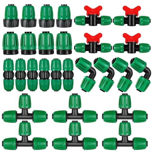 28 Pcs 1/2 Inch Drip Irrigation Fittings Kits,Drip Hose Connector for 1/2" Irrigation Tubing(1/2" ID x0.6-0.63"OD) with 6 Tees,6 Couplings,4 Switch Valves,4 End Cap, 4 Elbows,4 Faucet Adapter - size: 28 PCS 1/2 Fitting