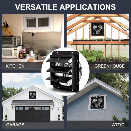 Criditpid 10 Inch Shutter Exhaust Fan with Speed Controller, 647CFM High Speed Vent Fan with Adjustable Thermostat, 1700 RPM Wall Mounted Kitchen Exhaust Fan for Attic, Garage, Gable Ventilation. - color: with Thermostat & Speed Controller, size: 10 Inch