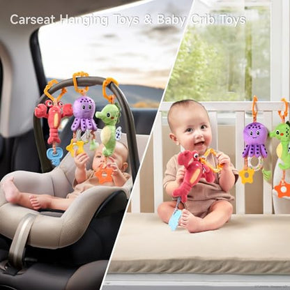 TUMAMA Baby Toys 0 3 6 12 Months, Hanging Stroller Toys Soft Marine Animal Crib Car Seat Toys, Crinkle Infant Rattles with Teether Squeaky Sensory Developmental Toy for Newborn