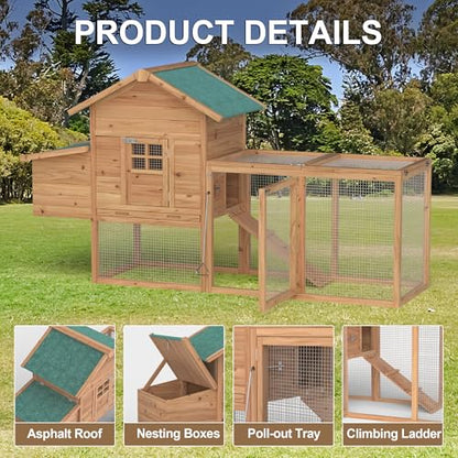 80" Chicken Coop, Outdoor Chicken House for 3-4 Chickens, Wooden Hen House with Run, Nesting Box, Chicken Cage, Ramp, Pull Out Tray, Rabbit Hutch for Small Animals - size: 80.7"L x 26.0"W x 44.5"H