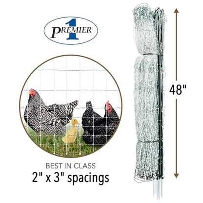 Premier 1 PoultryNet® 48"H x 100'L Portable Electric Double Spike Fence | Rigid PrimaPosts™ for Extra Strength | Green/White Fence for Chickens, Ducks, Geese - color: Double Spike, Green/White