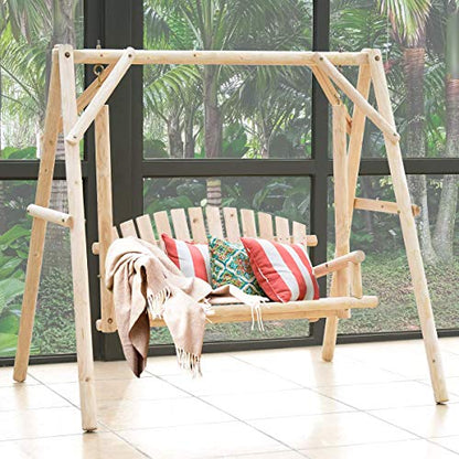Tangkula A-Frame Wood Log Swing Bench, Outdoor Rustic Curved Back Swing Chair for Patio Garden Yard