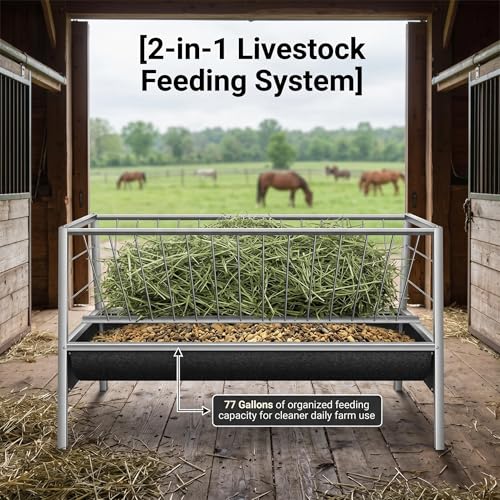 77 Gallon Hay Feeder, Stainless Steel Goat Feeder for Goats Sheep Calves and Horses, Anti-Waste Goat Feeder with Rubber Trough Livestock Feeder