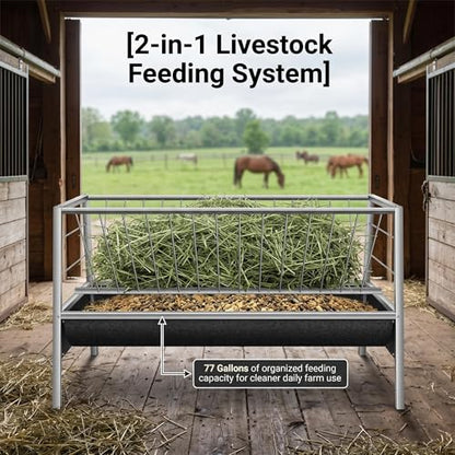 77 Gallon Hay Feeder, Stainless Steel Goat Feeder for Goats Sheep Calves and Horses, Anti-Waste Goat Feeder with Rubber Trough Livestock Feeder