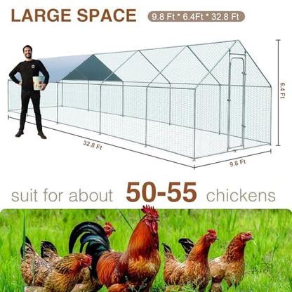 Extra Large Metal Chicken Coop for 50-55 Chickens, Walk-in Chicken Run, Chicken Pen Outdoor W/Cover, Waterproof & Anti-UV, 32.8' D x 9.8' W x 6.4' H, Wire Mesh Poultry Cage for Yard #LYJL10JD-US - size: 393.7"L x 118.1"W x 76.8"H, style: Spire Roof