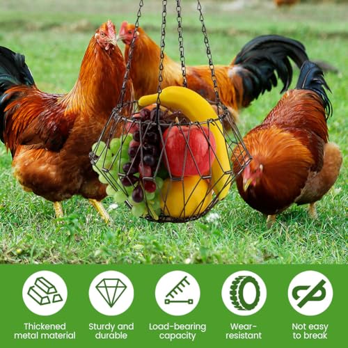 Hanging Chicken Feeder, 9.2 inches Large Poultry Vegetable Fruits Feeder Basket with 4Pcs Hanging Stainless Chain, Veggie Treat Ball for Chicken,Hens,Duck,Rabbit Coop(Size:2pcs) - size: 2pcs