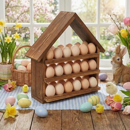 Remerry Wooden Egg Holder Countertop 3 Tier House Shape Fresh Egg Storage Pull out Eggs Racks Basket for Home Craft Room Farmhouse Kitchen Counter Organizer(36 Hole,No Door,Brown) - style: No Door