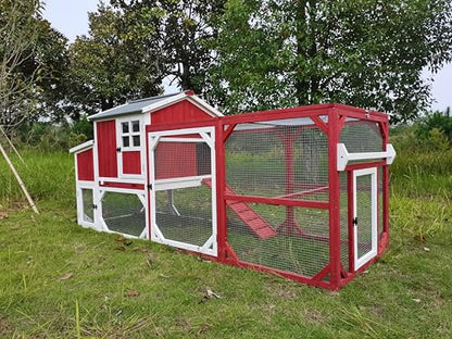 PetsCosset 95.3" Mobile Chicken Coop Tractor Hen House with Nesting Box,Backyard Chicken Coops Chicken House,2 Story Wooden Indoor Outdoor Poultry Cage for 3-5 Chicken with 6 Access,Pull-Out Tray(RED) - size: 95.3" L - Red