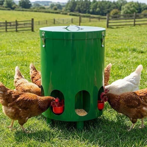 Green Chicken Feeder and Waterer Set-4 Gal/39.8 LB, Metal Chicken Feeder No Waste with 4 Cups, 4 Feeder Ports, Lid, Portable Gravity Chicken Feeder Automatic for Outdoors & Poultry - color: Green