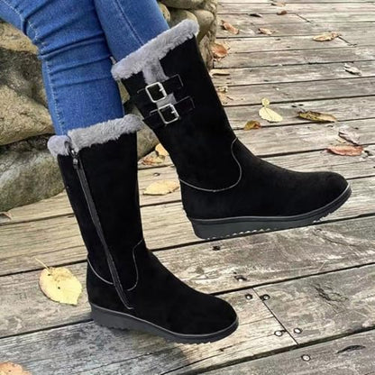 Women's Mid Length Boots Suede Snow Boots Metal Buckle Furry Wedges Booties Outdoor Thick Insulation Warm Plus Fleece shoes - color: Black, size: 9.5
