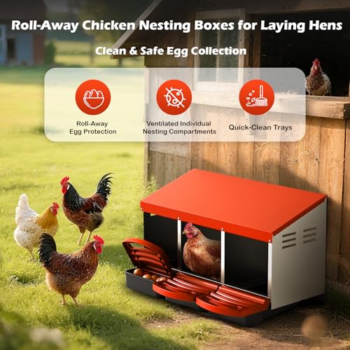 Chicken Nesting Boxes, Roll Away Laying Nest Box for Hens, Galvanized Steel with Removable Egg Drawer, Protects Eggs, Easy Egg Collection, for Chicken Coop, 3 Compartments - color: Orange-Red