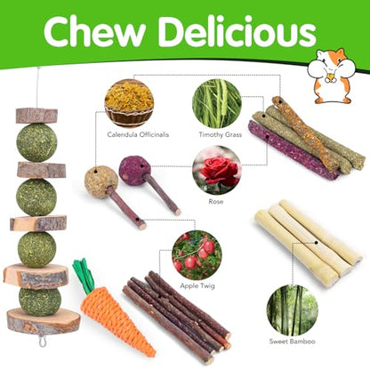 VESPRO Bunny Teys for Rabbits Hamster/Guinea Pig Toys Natural Timothy Hay Sticks chew Treats and Balls for Rabbit, Bunny, chinehila, Guirea Pig, Hamster, Rabbit Teeth Care - size: 24Pack-Set