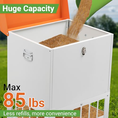 Chicken Feeder with Grille, 85LBS No Waste Chicken Feeder with 22 Ports, Powder-Coated Steel Feeder w/Waterproof Lid and Stainless Handles, 18”L x 15.1”W x 29.5”H - size: 85LBS