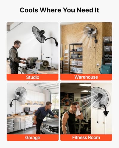 VEVOR Wall Mount Fan, 18 in Wall Mounted Hanging Fan Oscillating, 3-Speed, Long Airflow Distance, Adjustable Rotation Angle, Mechanical Powerful for Industry, Commercial, Garage, Workshop, Gym, Black - size: 18In-Oscillating