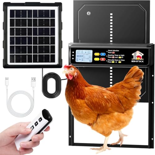 Automatic Chicken Coop Door Solar Powered, LCD Display with Timer & Light Sensor, 4 Modes Anti-Pinch & Weather Proof with Remote Control, for Chickens, Ducks, Geese, Rabbits，Matte Black Chicken Door - color: Matte Black