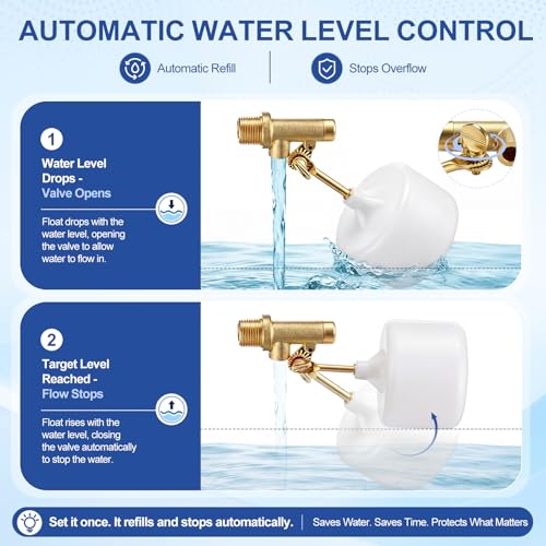 Lounsweer 2 Pack 3/8" Water Float Valves, Brass Pool Float Valve with Adjustable Arm, Water Level Control for In-Ground Pools & Auto-Fill Systems Fountains Tank Ponds Aquariums