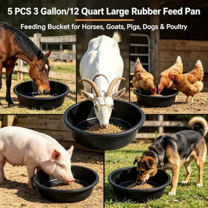5 Pack Rubber Feed Bucket, 12 Quart/3 Gallon Large Capacity Livestock Feeding Pan, Heavy Duty Durable Farm Feeding Tub for Horse, Goat, Pig, Dog and Poultry, Farm Supplies, Black