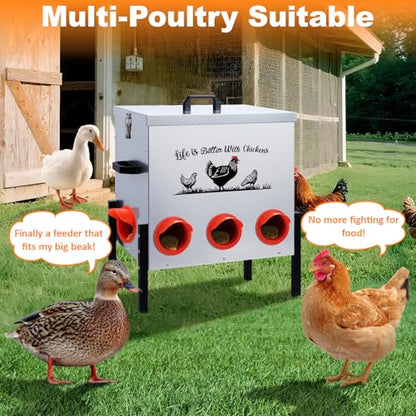 50LB Automatic Chicken Feeder–8 Feeding Ports No-Waste Galvanized Metal Chicken Feeder Box with Adjustable Legs & Locking Lid Poultry Feeder for Chickens,Ducks,Geese,Rust-Resistant - size: 50LB