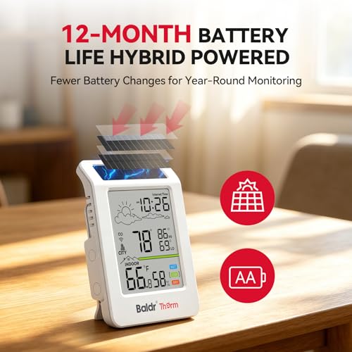 BaldrTherm WiFi Thermometer Hygrometer with Backlight, Weather & Time, Solar-Powered Indoor Outdoor Temperature Humidity Monitor with App Alerts, Weather Station for Greenhouse, Cellar & Baby Room