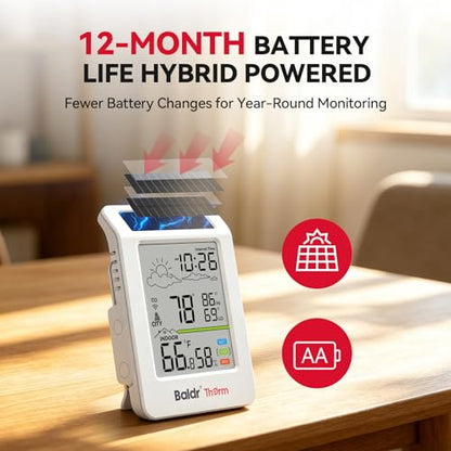 BaldrTherm WiFi Thermometer Hygrometer with Backlight, Weather & Time, Solar-Powered Indoor Outdoor Temperature Humidity Monitor with App Alerts, Weather Station for Greenhouse, Cellar & Baby Room